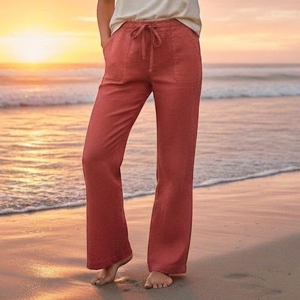 Allen Allen Womens 100% Linen Wide Leg Drawstring Pants Coral Red Size L